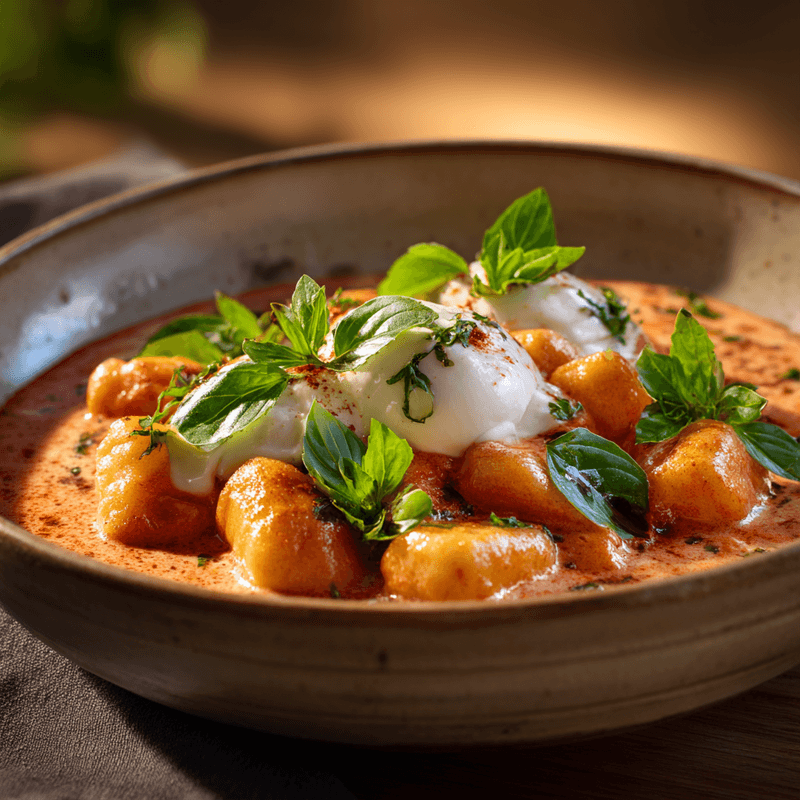 30 Minute Creamy Tomato Gnocchi with Burrata