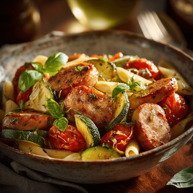 Chicken Sausages with Zucchini, Tomatoes, and Pasta