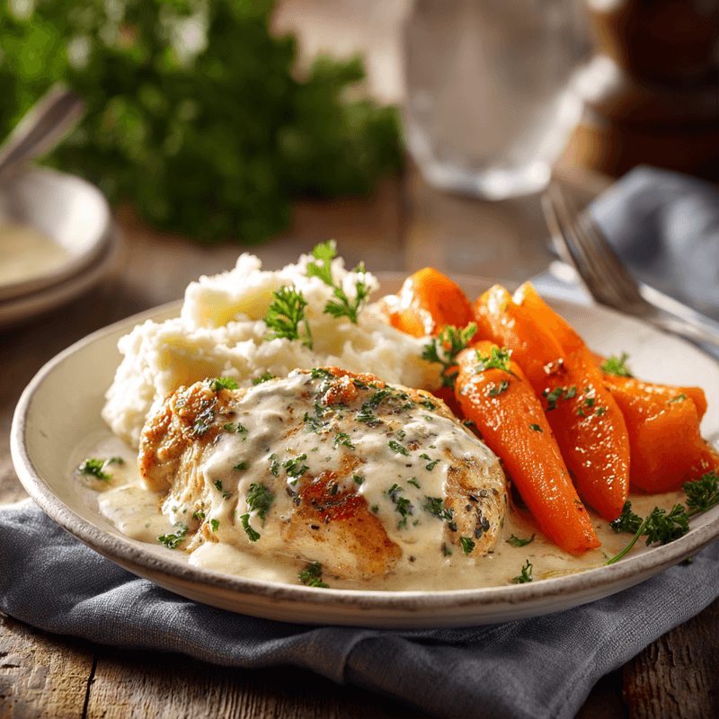 Creamy Herb Chicken with Mashed Potatoes & Glazed Carrots