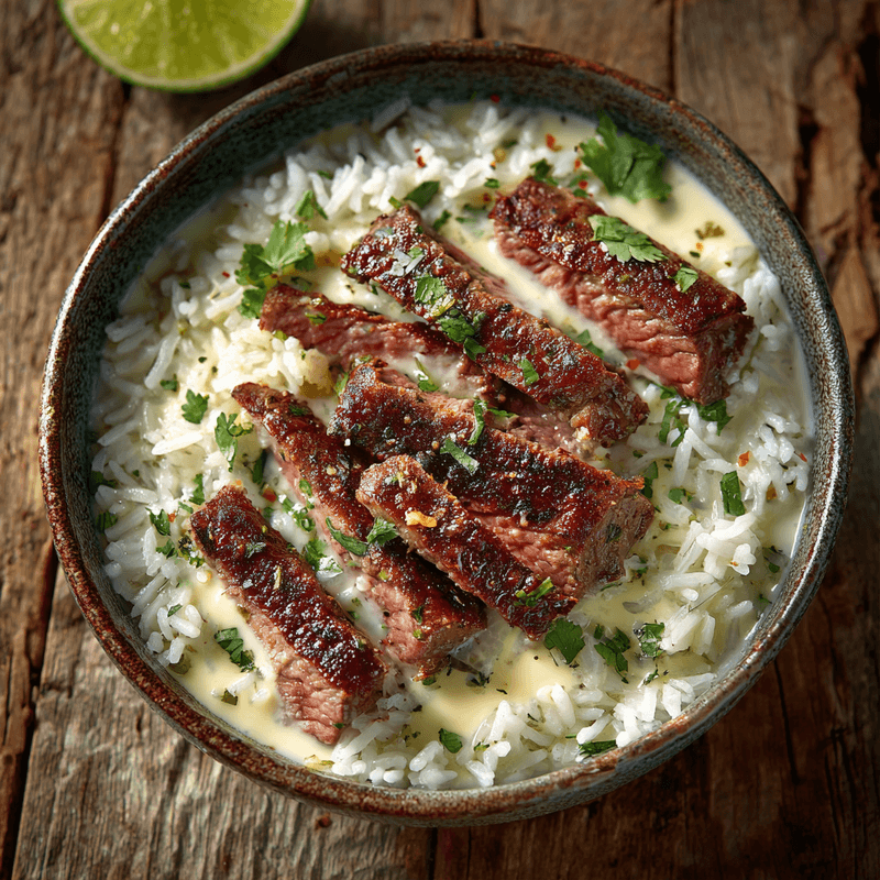 Creamy Queso Rice with Juicy Steak Strips Recipe