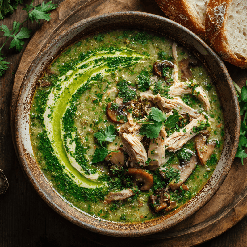 Green Chicken Quinoa Soup with Mushrooms & Herb Paste