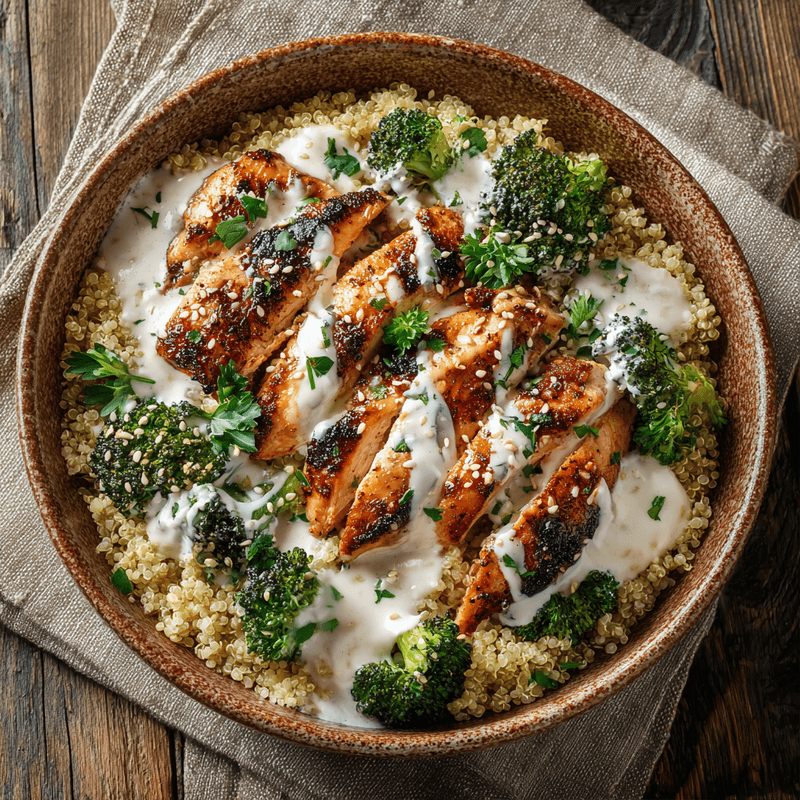 Grilled Chicken Broccoli Bowls with Creamy Garlic Sauce