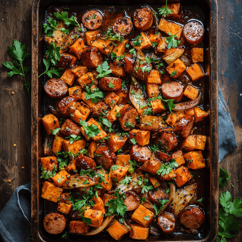 Honey Garlic Sausage And Sweet Potato Sheet Pan Dinner