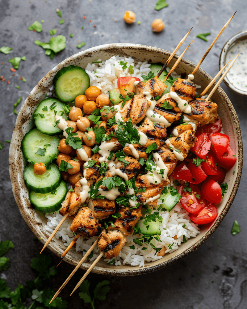 Mediterranean Rice Bowl with Grilled Chicken Tawook