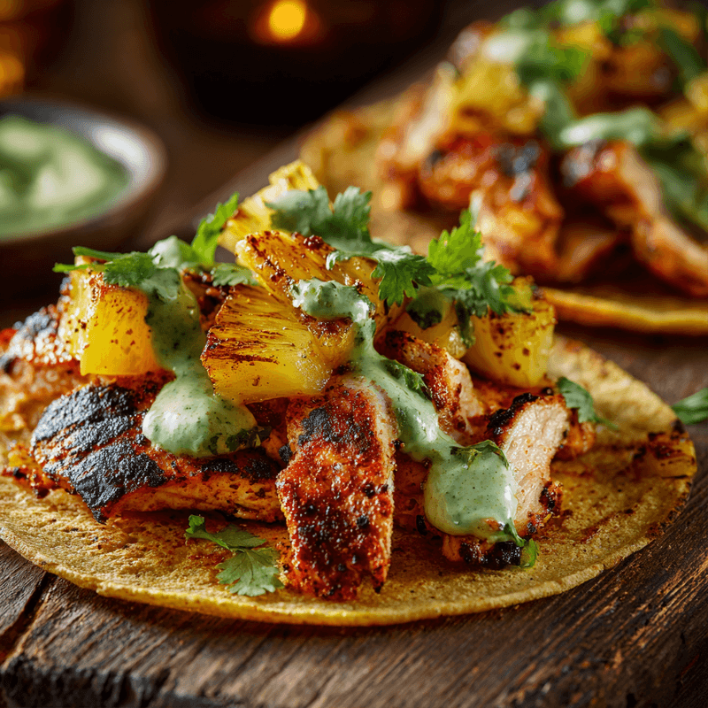 Spicy Pineapple Chicken Tacos with Jalapeño Basil Ranch
