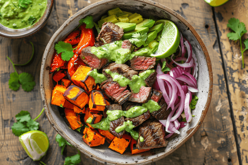 Steak and Sweet Potato Bowls with Avocado-Cilantro Drizzle